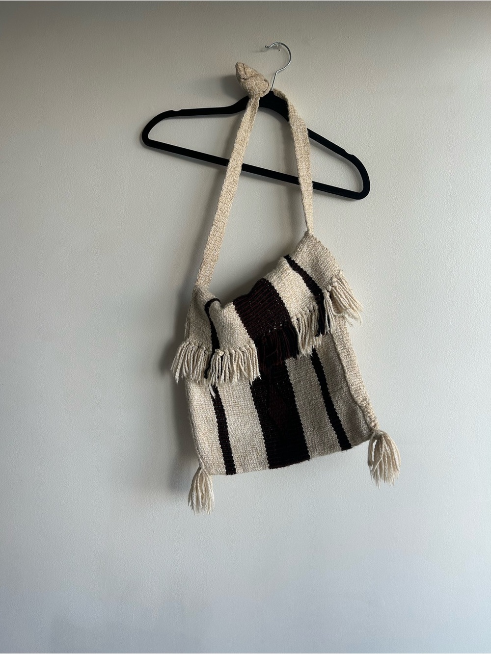 Vintage Cream and Brown Woven Fringe Crossbody Bag